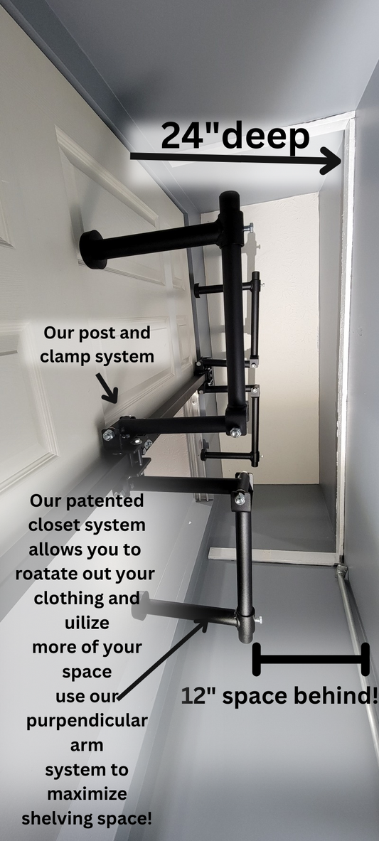 view of post application for clever closet rods showing depth of closet and the 12 inch of space the perpendicular application occupies!