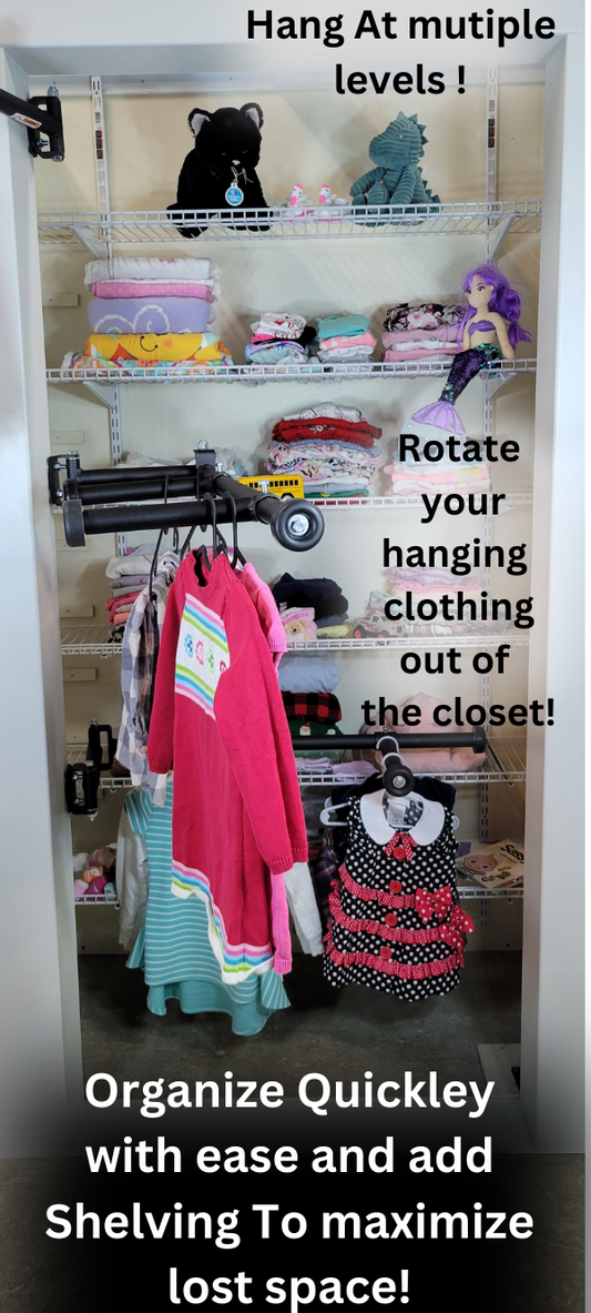 Quickley and with ease rotate your hanging clothing out of your closet! Hanging kids clothing at multiple levels showing shelving behind!